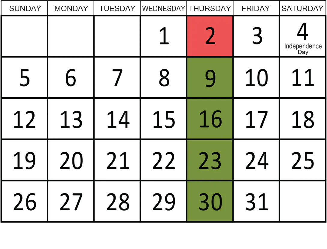 July 2026: Removals occur on the 9th, 16th, 23rd, and 30th.