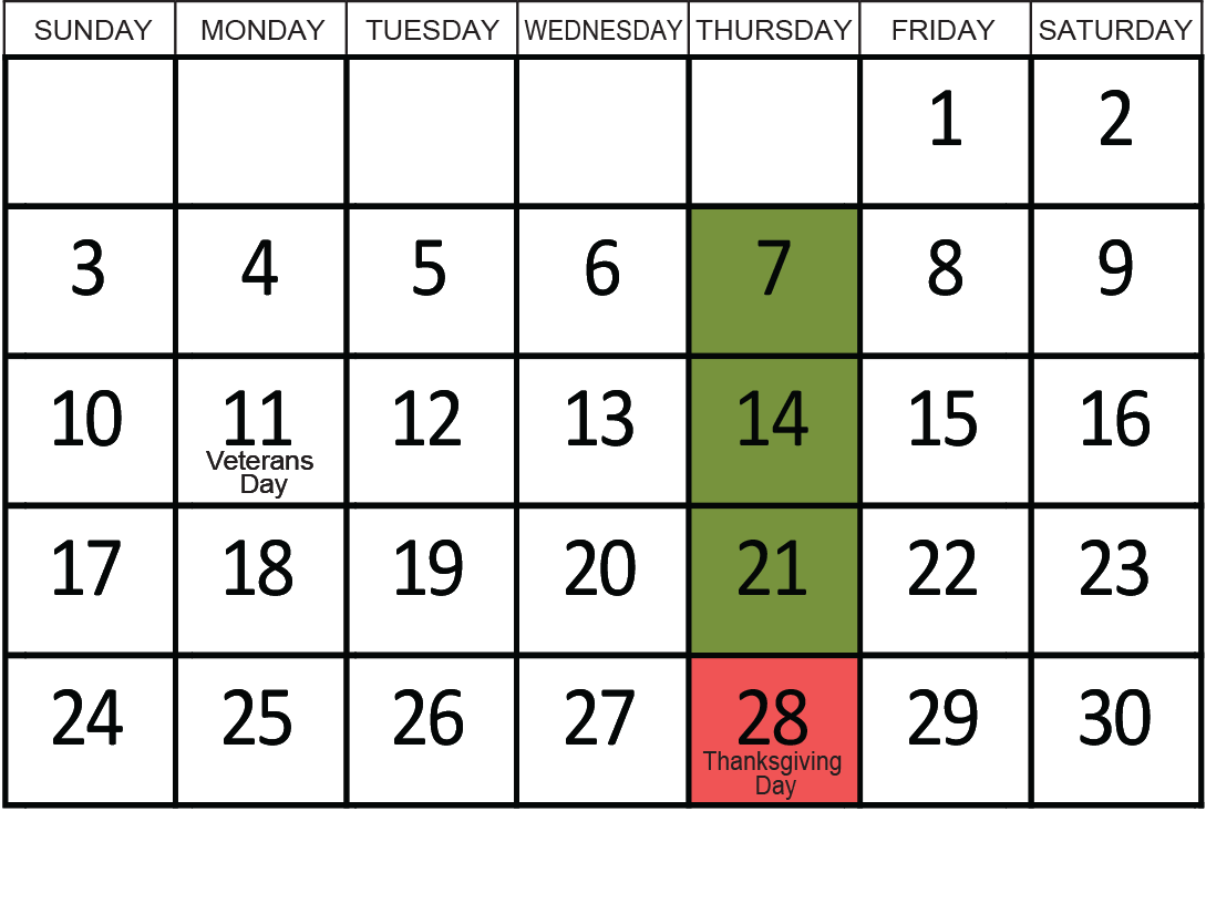 November 2024: Removals occur on the 7th, 14th, and 21st.