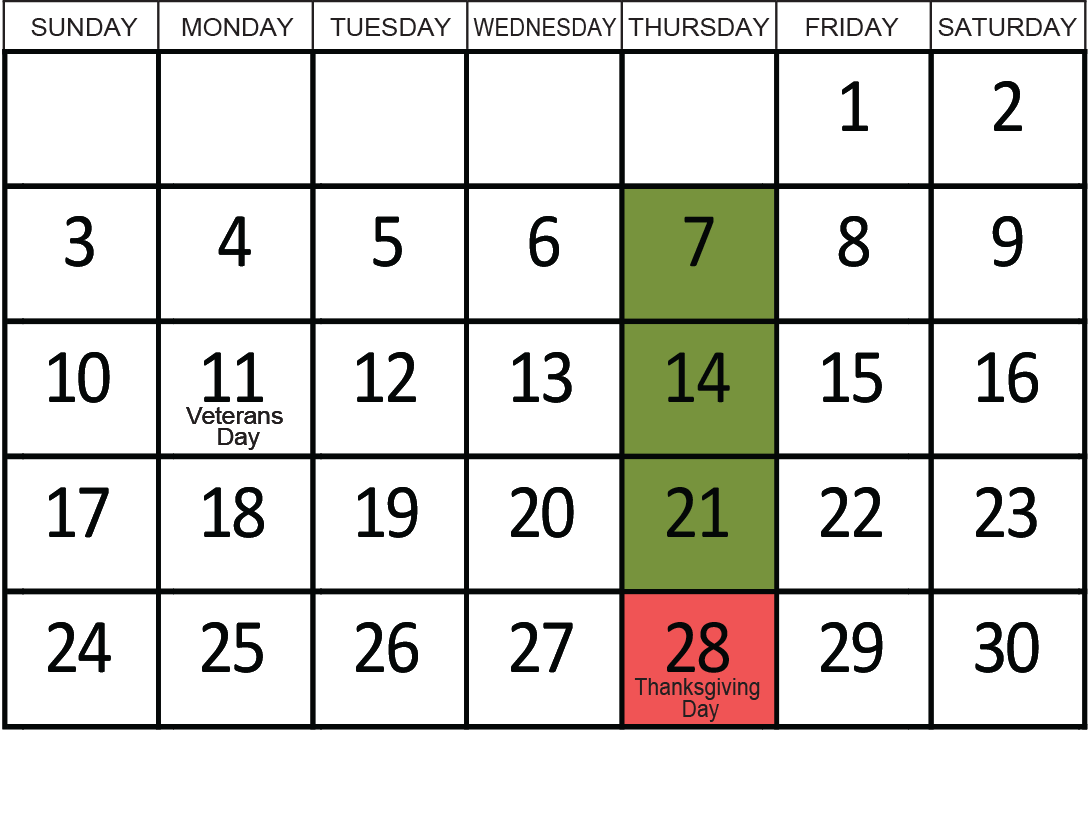 November 2024: Removals occur on the 7th, 14th, and 21st.