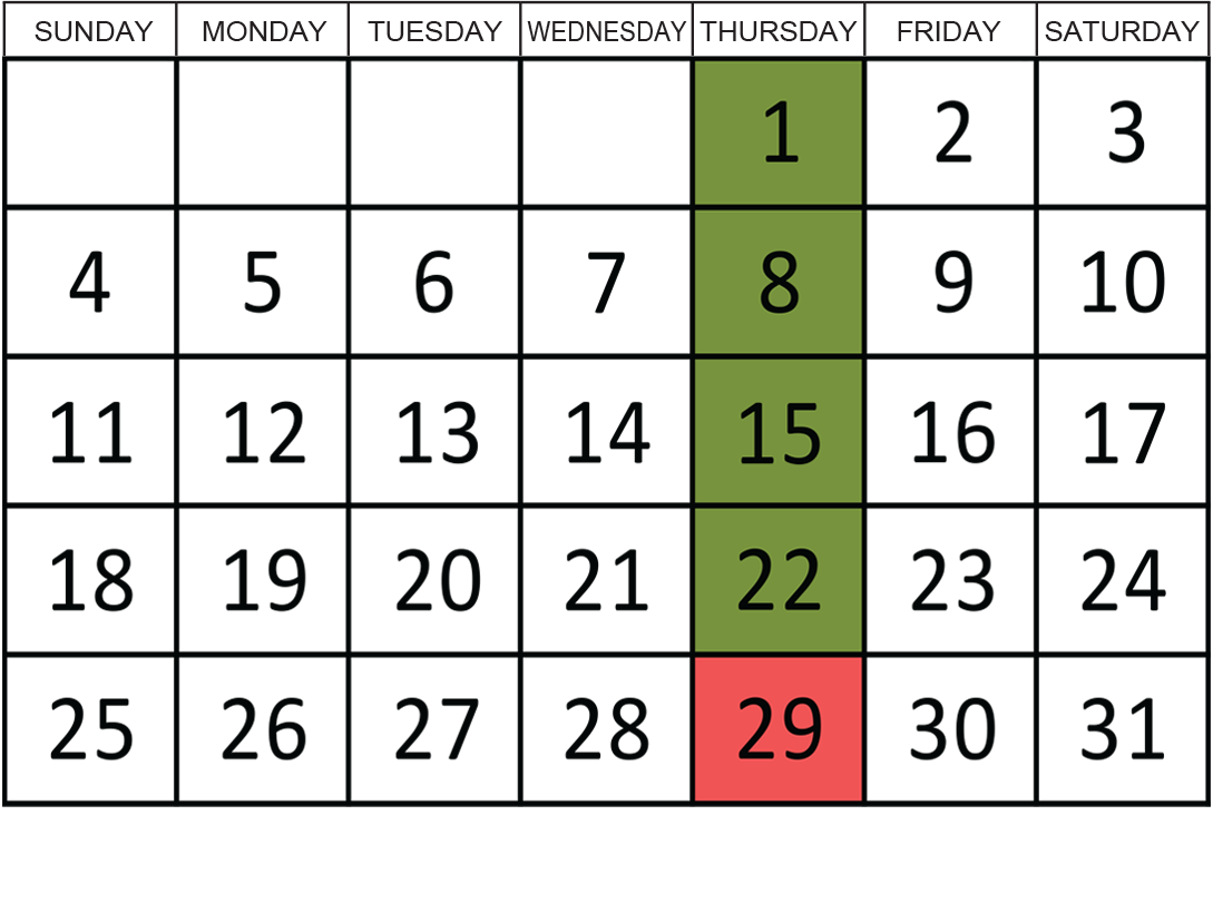 October 2026: Removals occur on the 1st, 8th, 15th, and 22nd.