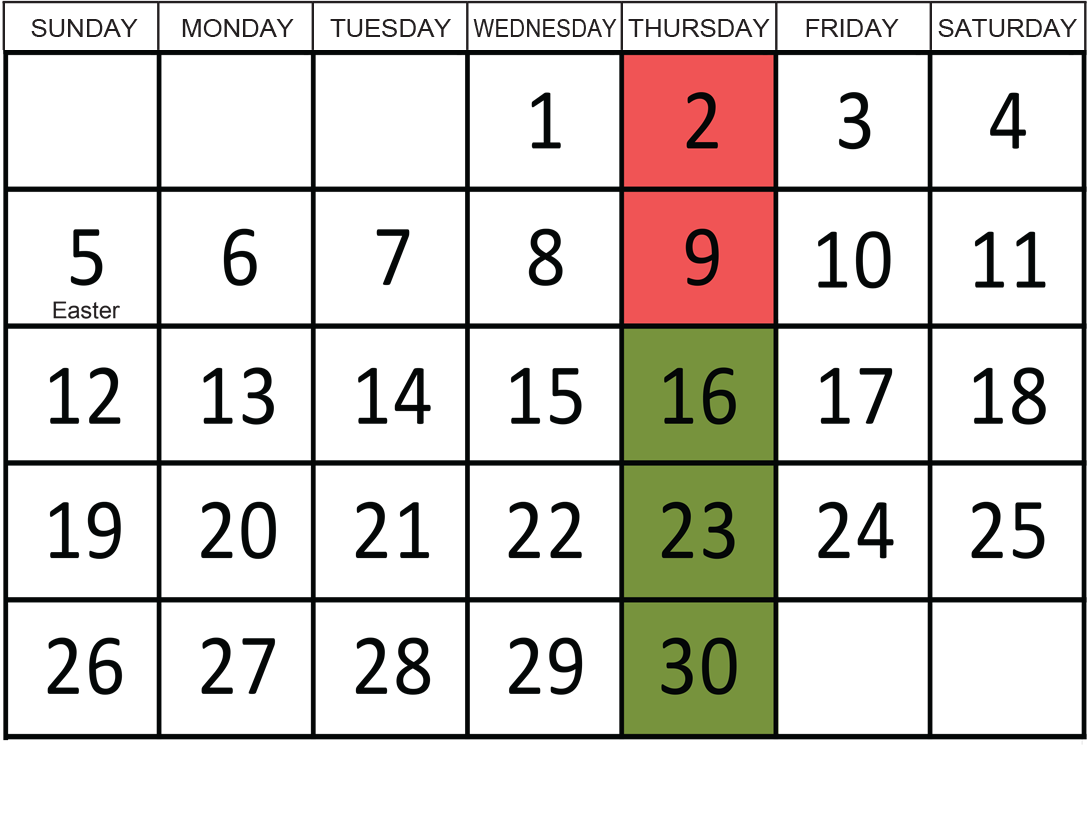 April 2026: Removals occur on the 16th, 23rd, and 30th.