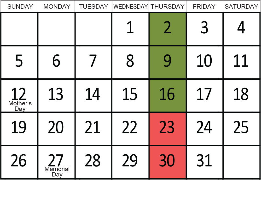 May 2024: Removals occur on the 2nd, 9th, and 16th.