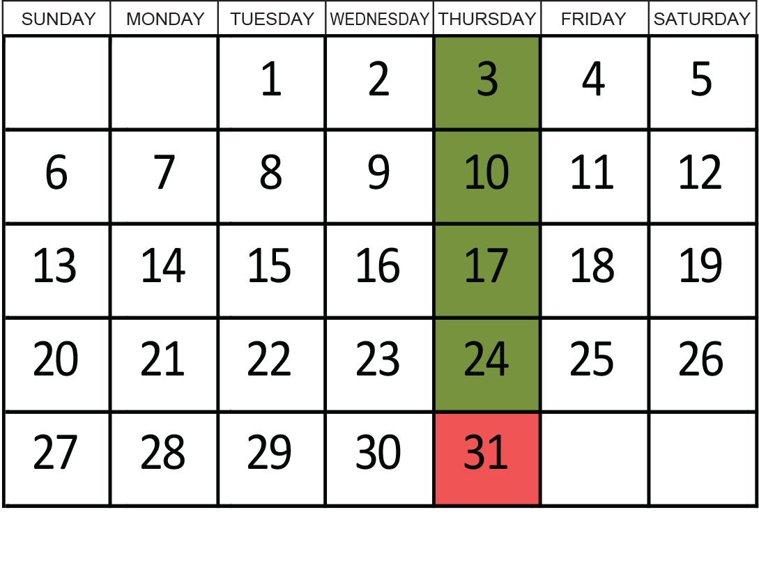 October 2024: Removals occur on the 3rd, 10th, 17th, and 24th.