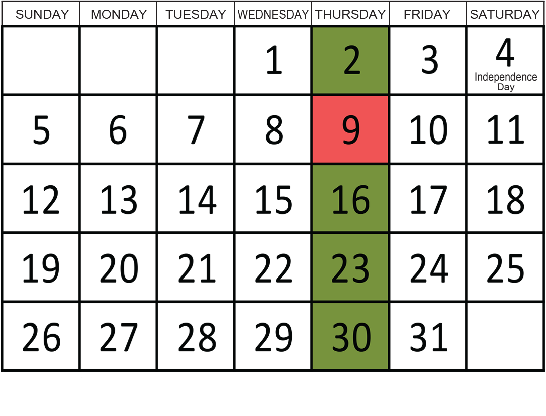 July 2026: Removals occur on the 2nd, 16th, 23rd, and 30th.