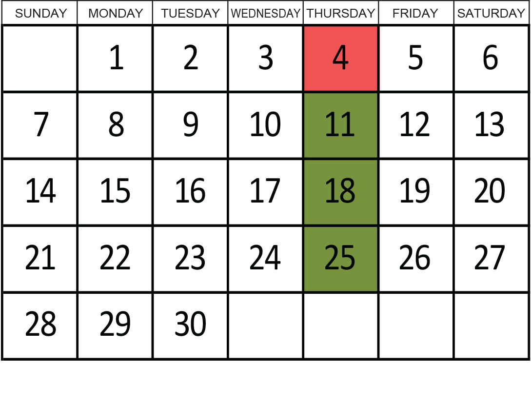 April 2024: Removals occur on the 11th, 18th, and 25th.