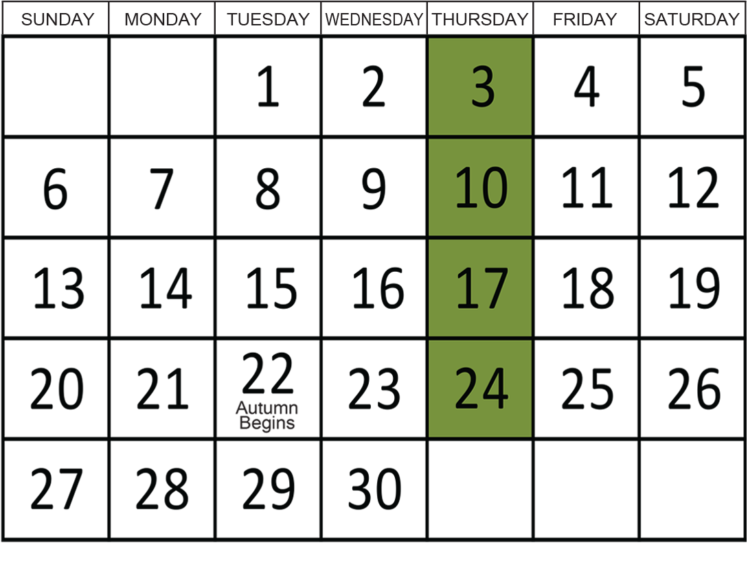 September 2026: Removals occur on the 3rd, 10th, 17th, and 24th.
