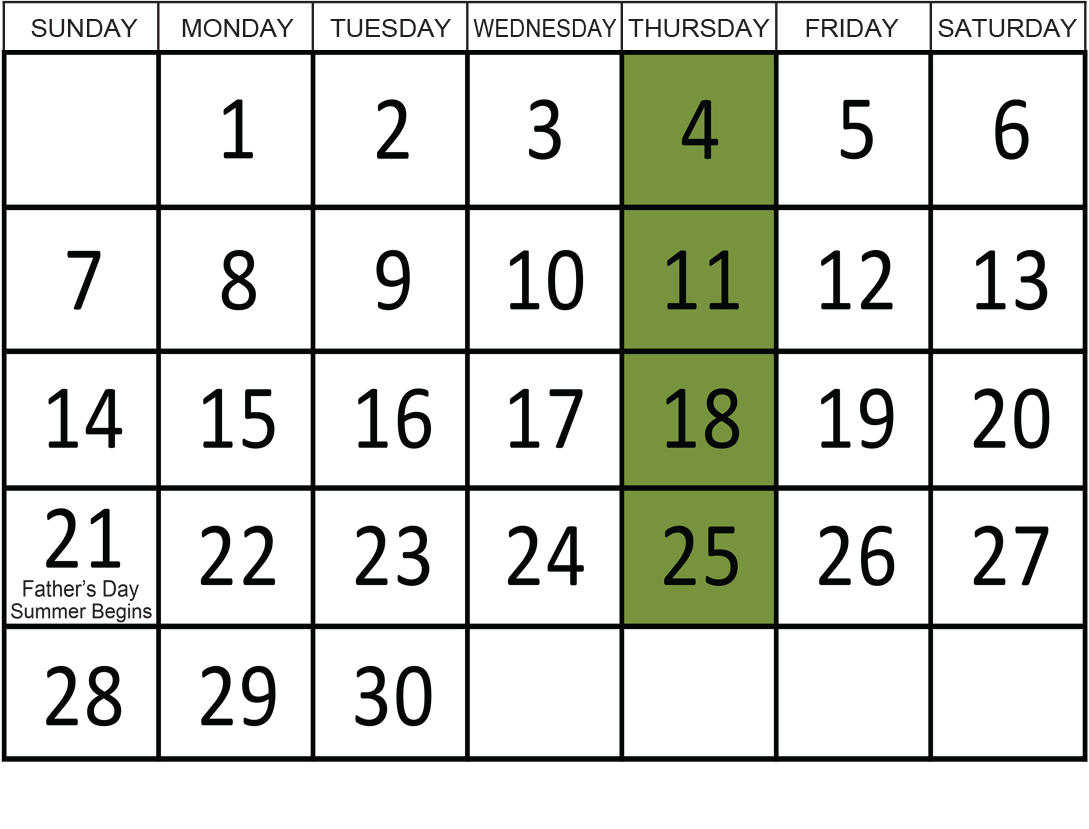 June 2026: Removals occur on the 4th, 11th, 18th, and 25th.