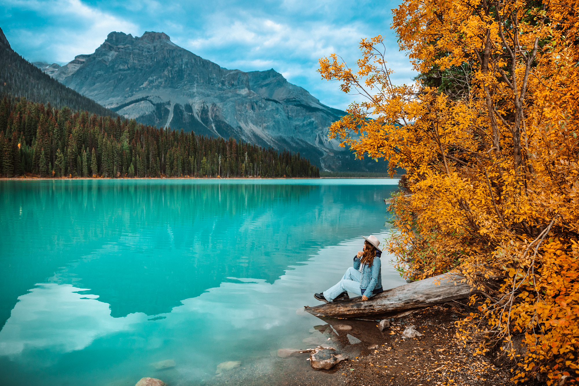 Picture/Photo: Woman fishing in Emerald Lake, sunset. Yoho National Park,  Canadian Rockies, British Columbia, Canada