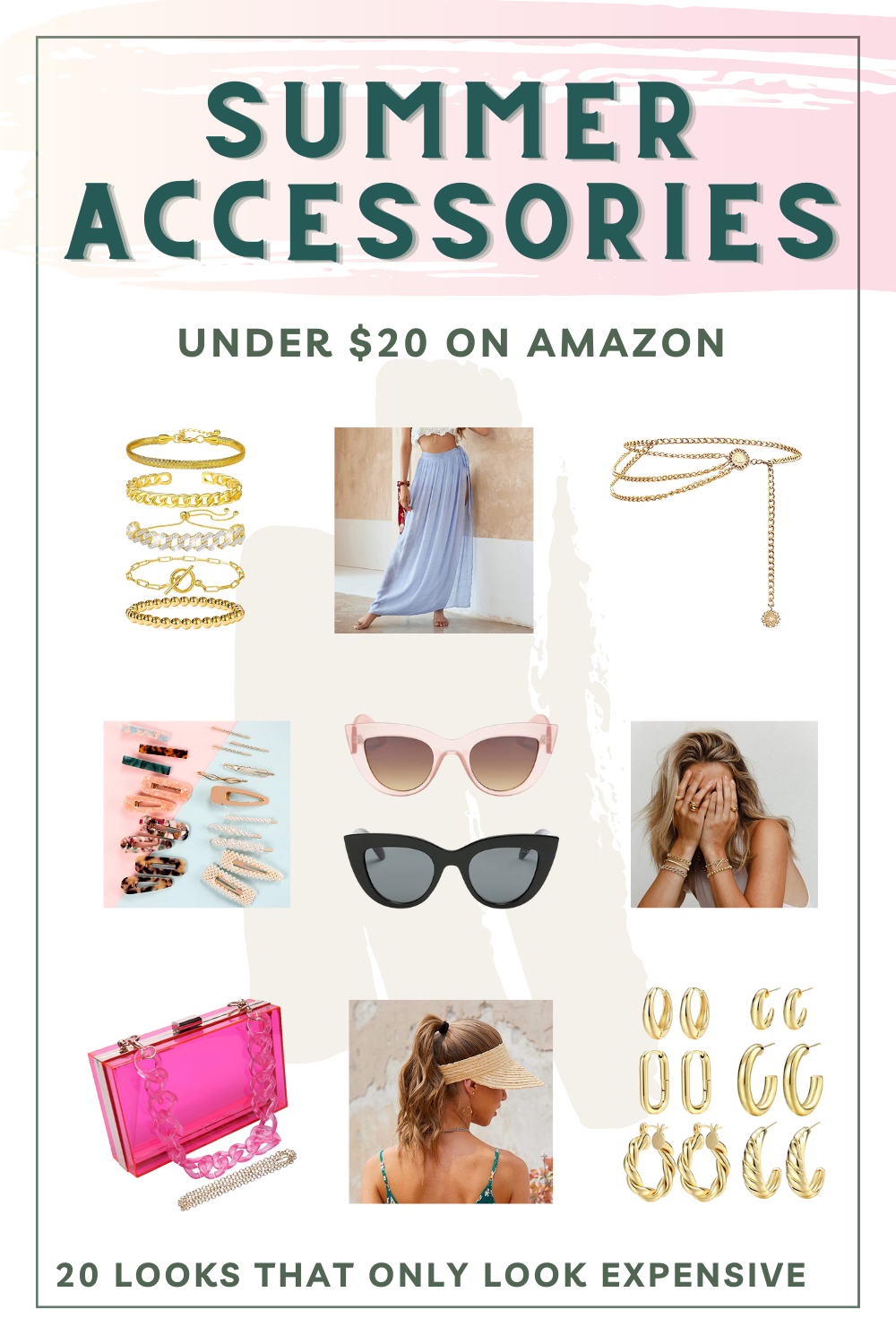 These summer accessories are all under $20 even though they look expensive. From summer jewelry to summer hair accessories, you'll find lots of options for affordable summer accessories in these Amazon finds. These Amazon must haves will level up your summer travel photos. | Amazon must have accessories | amazon accessories must have | amazon summer must haves | amazon must haves for summer | womens summer accessories | summer accessories jewelry | amazon must haves tiktok videos cheap