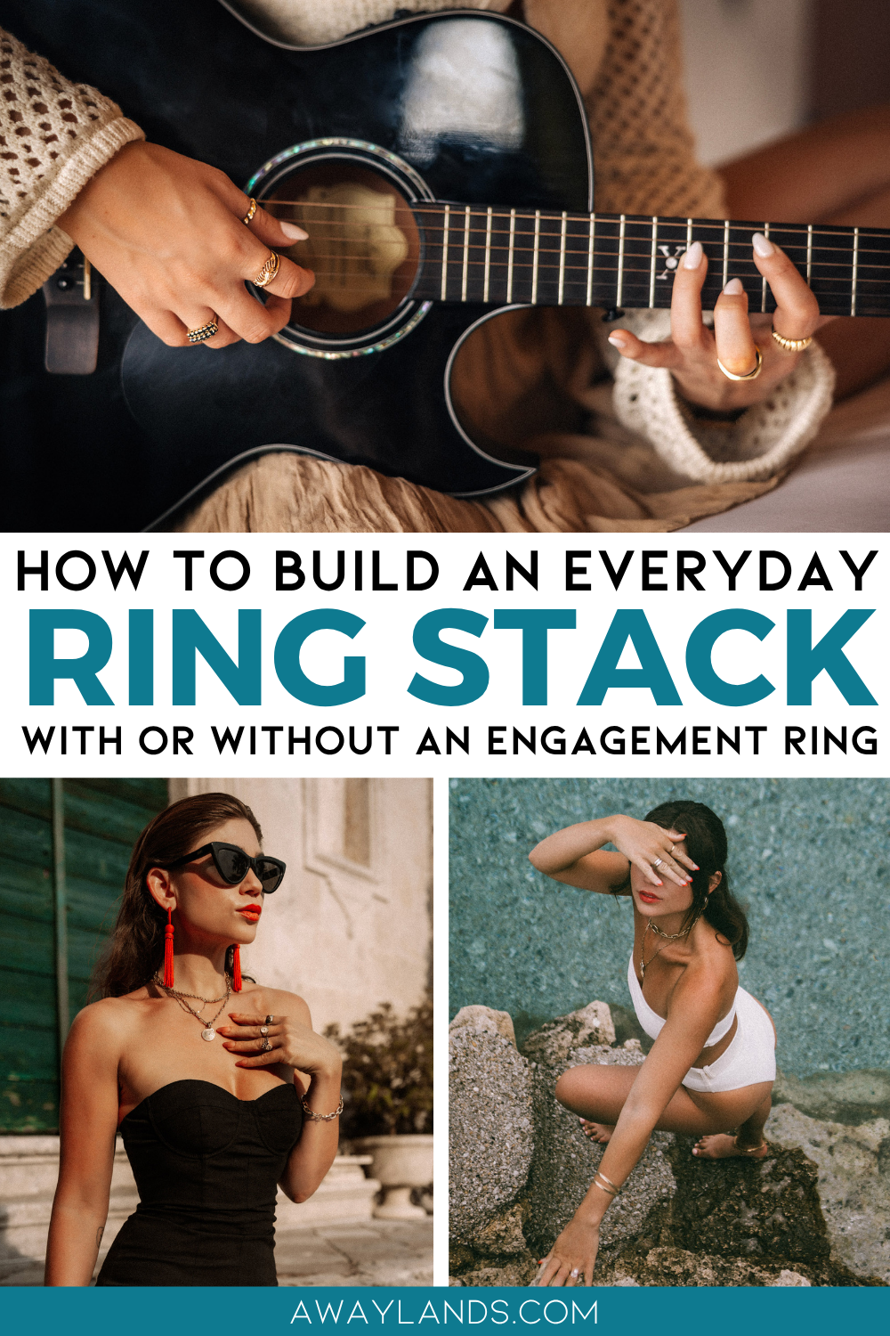 A good ring stack is the best daily accessory to incorporate in your style. From mixed metals, textures, and styles, learn how to build an everyday ring stack. Plus get a cheat sheet on buying quality gold so you can level up your ring stack with or without an engagement ring! | ring stacking tips | the best rings with an engagement ring | engagement ring pairs | styling rings | everyday ring stacking ideas | everyday ring stack mixed metal | everyday ring stack with engagement ring