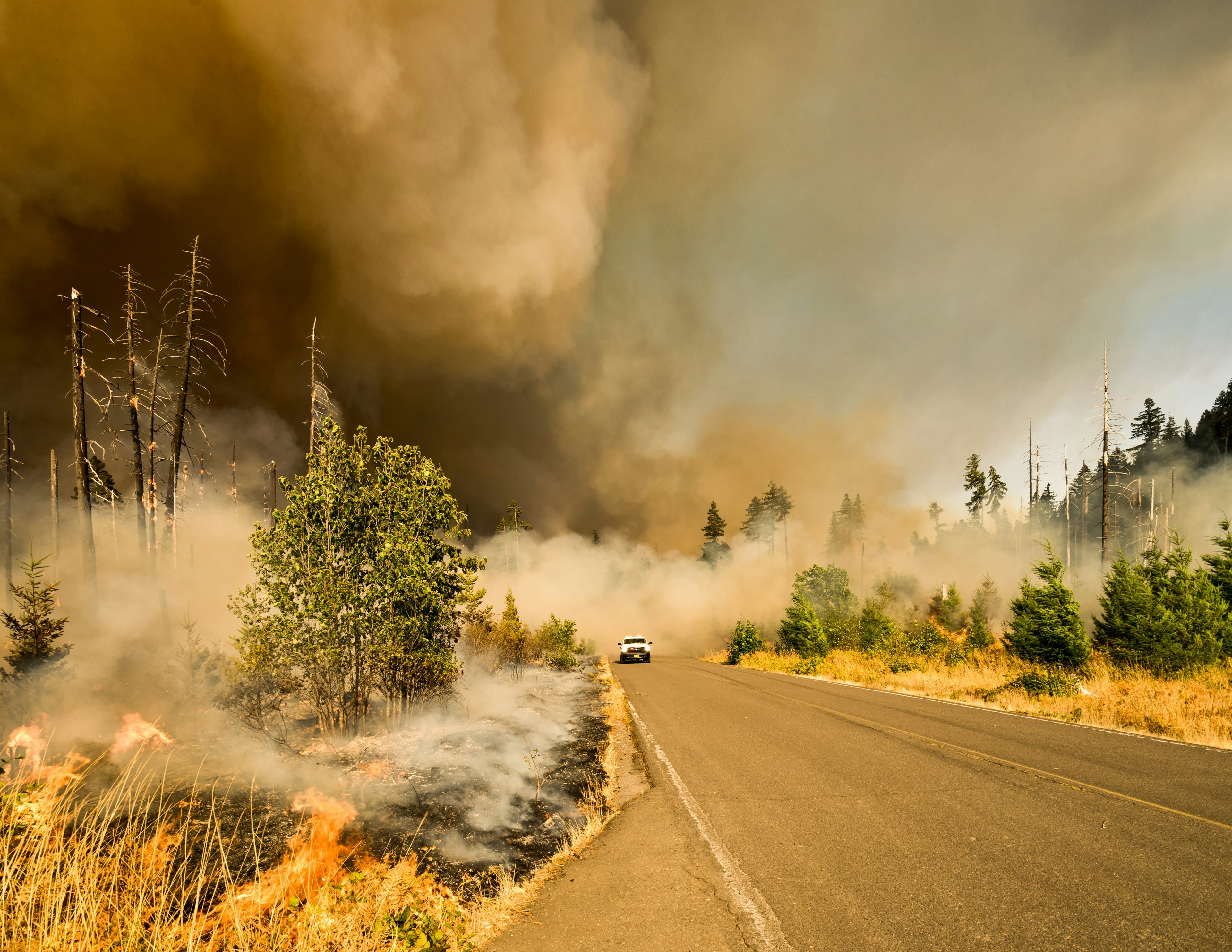 A car drives through a wild fire during the Jones Fire in Oregon.