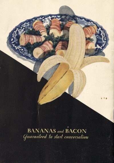 A book cover reading "Bananas and Bacon" with a picture of a banana and a plate of bacon wrapped in a tube.