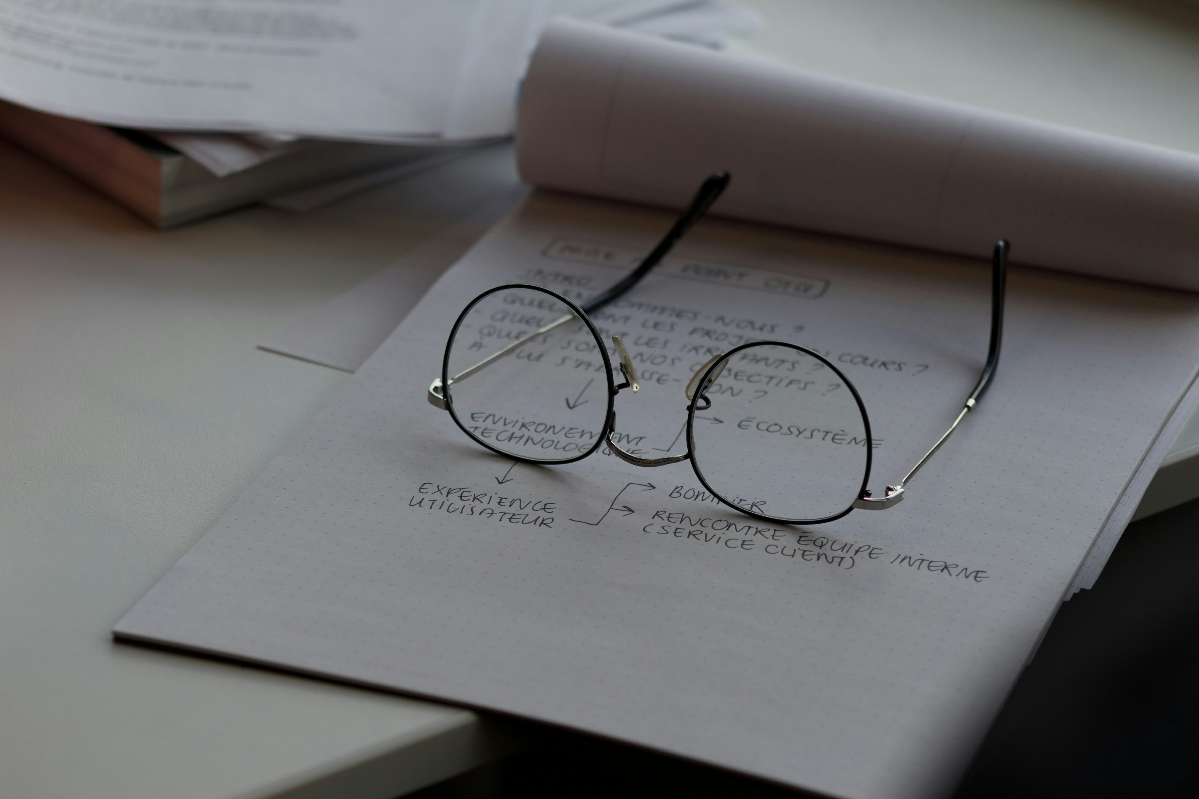 pair of glasses sitting on top of a piece of paper with writing on it