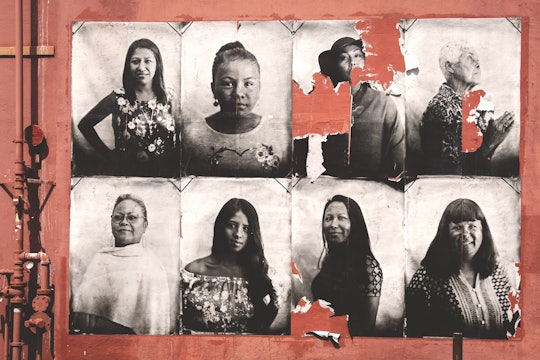 Torn black and white headshots of eight different women.