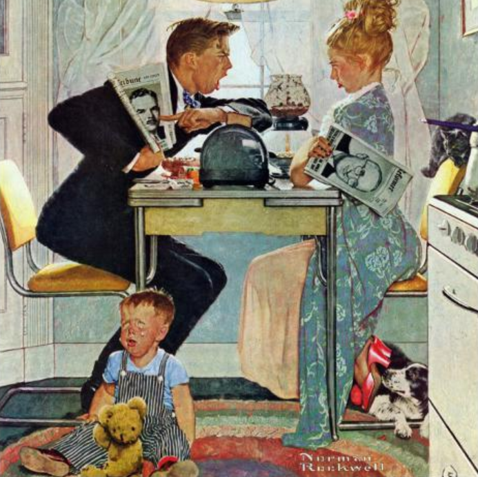 A painting by Norman Rockwell shows a husband and wife arguing over preferred political candidates while a child sits on the floor crying.
