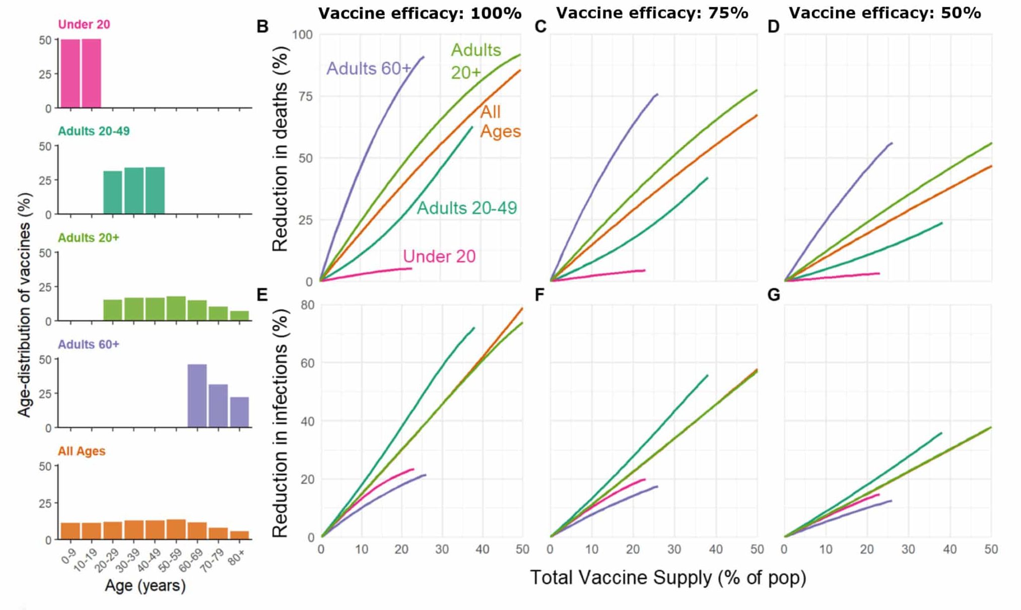 Vaccine rollout scenarios developed by Bubar et al. include five different ways of distributing the first doses of vaccines, presented in the left panel. The scenarios show the same pattern: to prevent deaths, vaccinate the elderly first, and then move on to other, healthier groups or the general population.
