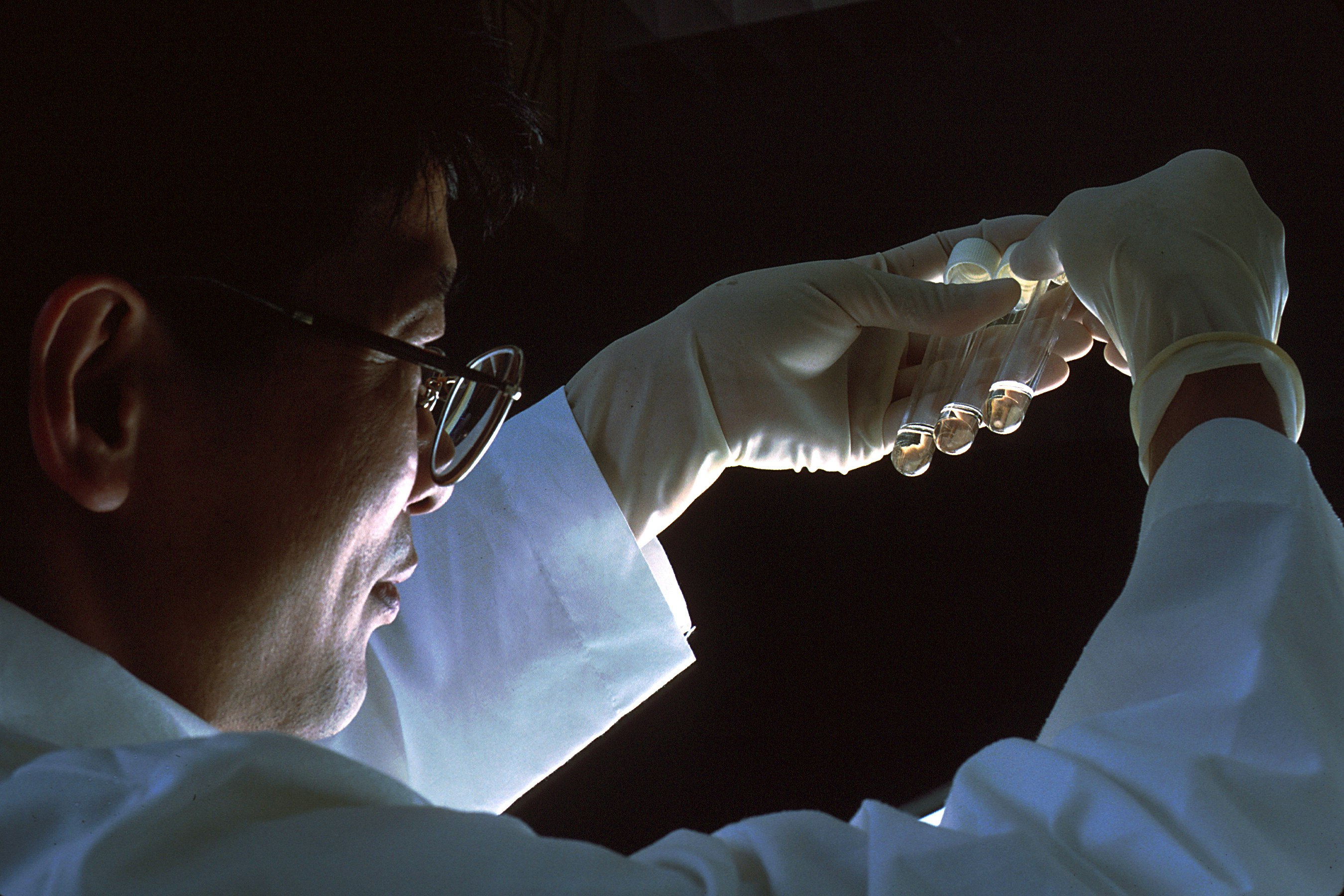 A scientist wearing a white lab coat and latex gloves holds three test tubes with clear liquid in them up to the light.