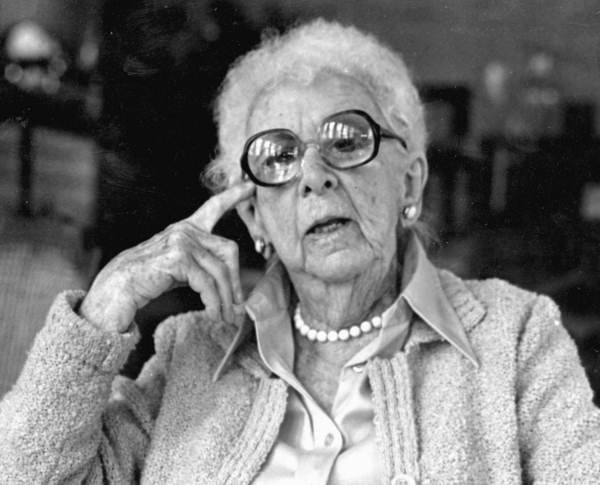 A picture of Marjory Stoneman Douglas, wearing large glasses and a pearl necklace.