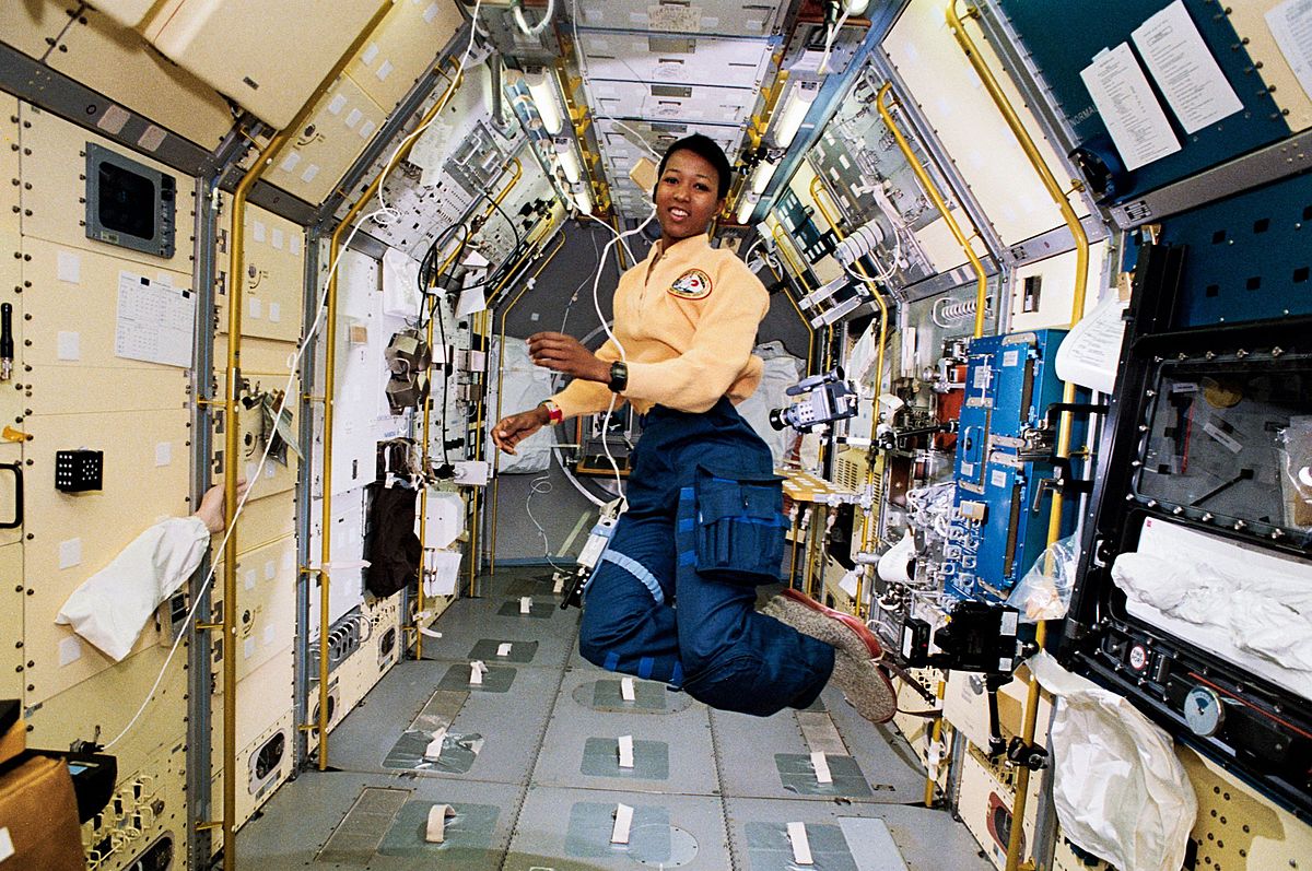 Mae Jemison, a black astronaut, in zero gravity