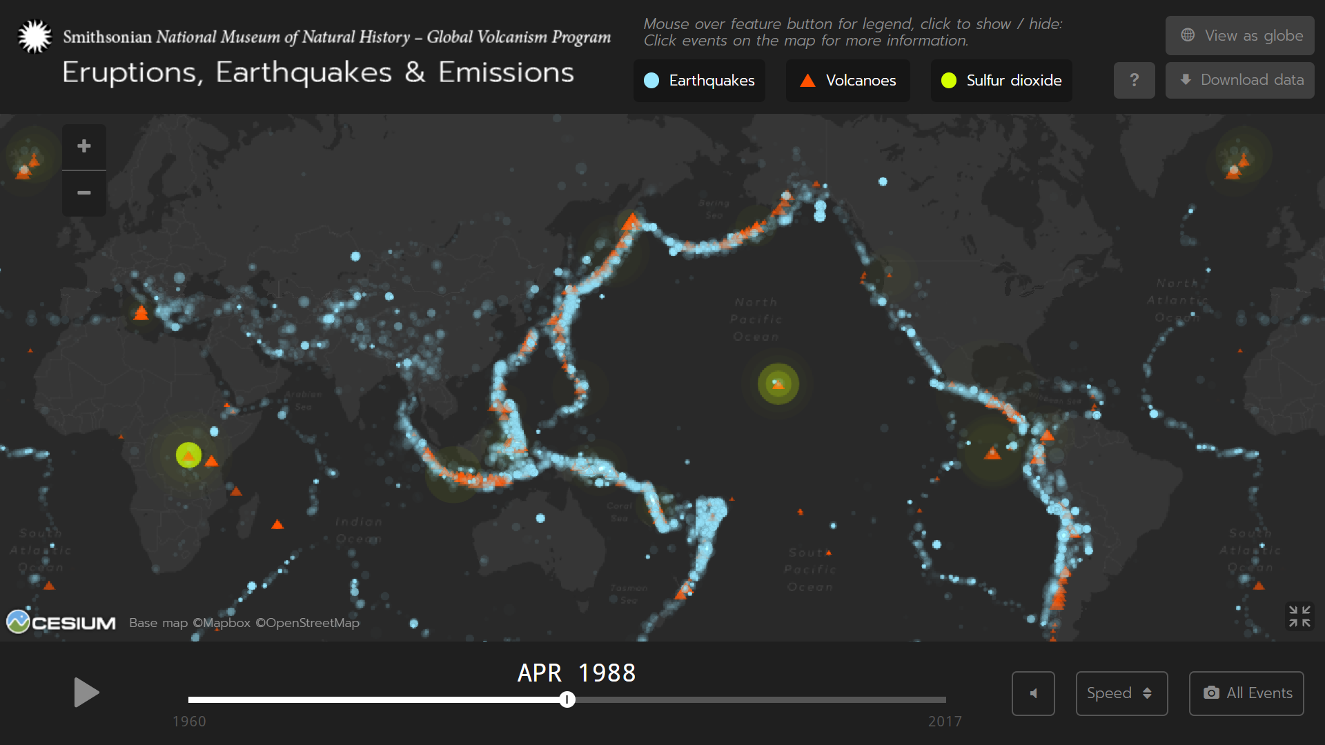 A map of volcanoes erupting, earthquakes, and sulfur dioxide release in April 1988.