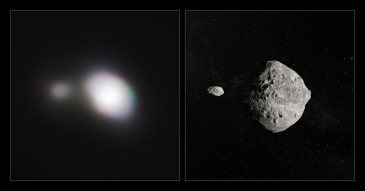 Real image and artist's impression of Asteroid 1999 KW4, a double asteroid.
