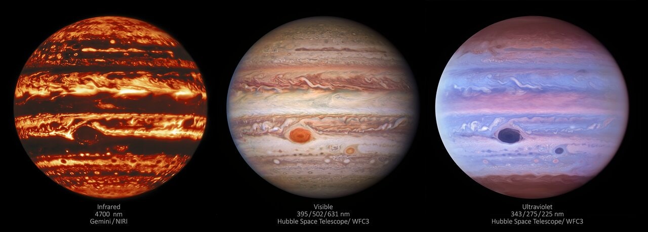 Jupiter, in infrared, visible, and ultraviolet glory