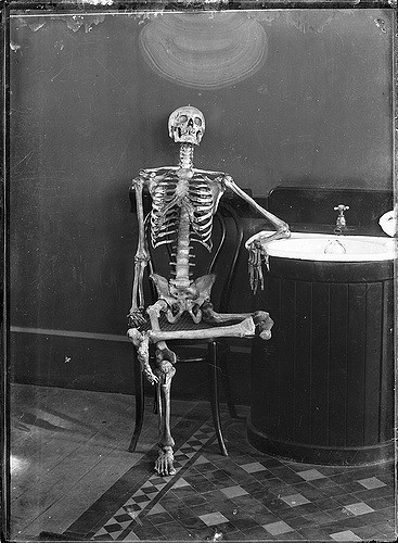 skeleton sitting next to a sink, black and white photo