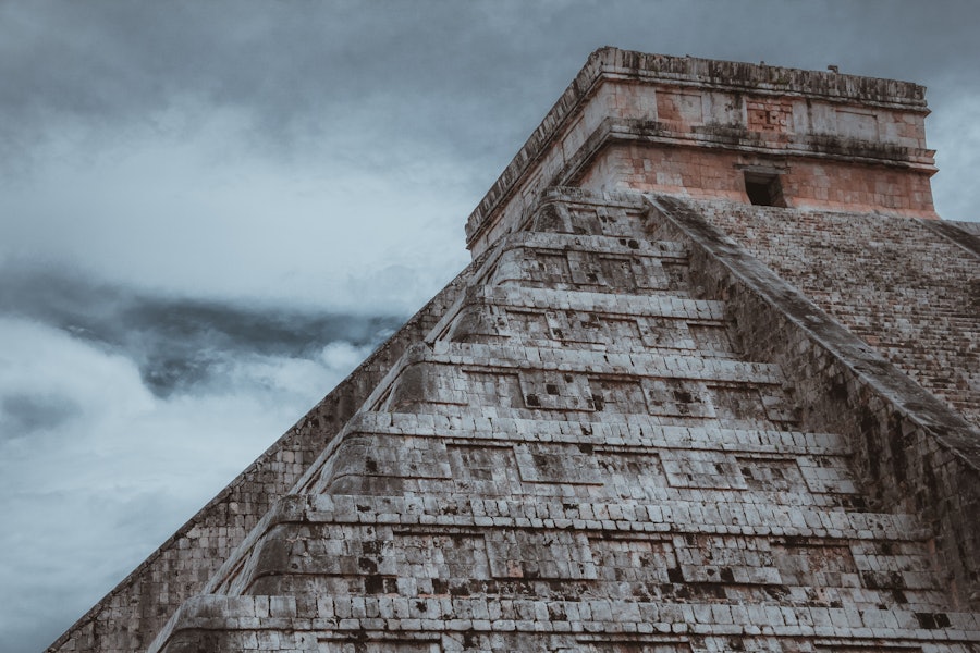 A photo of a stepped Mayan pyramid.