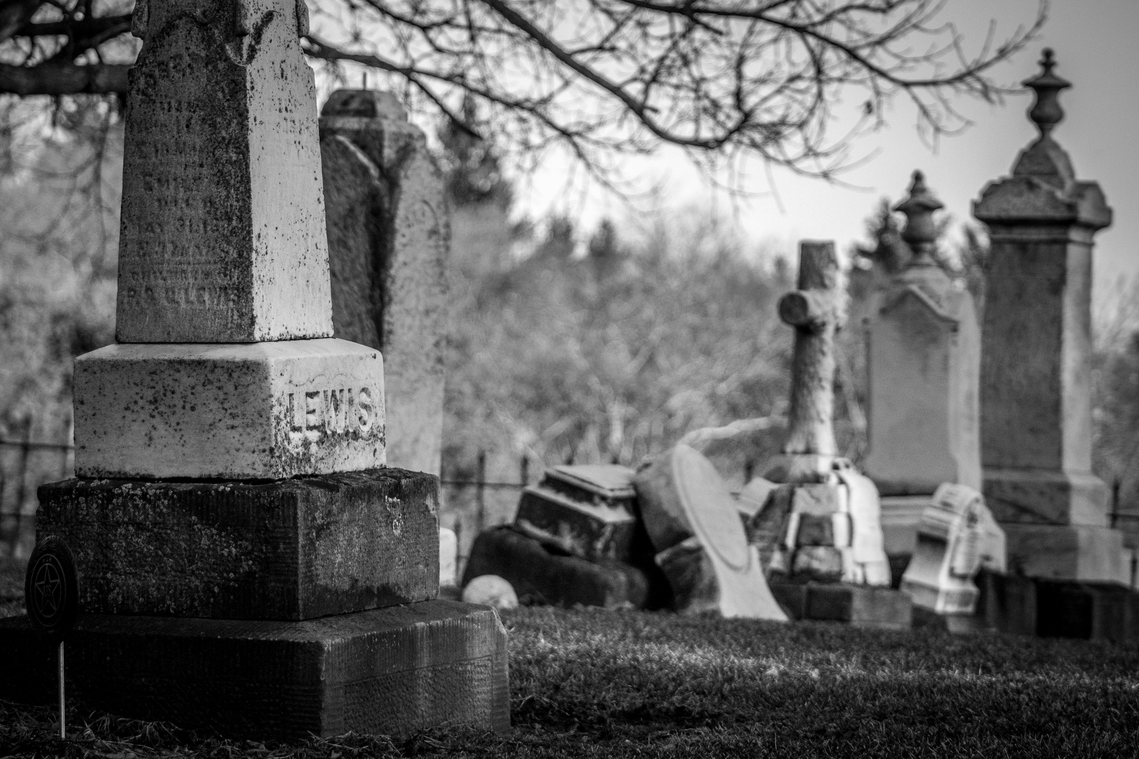 black and white photo of old cemetery