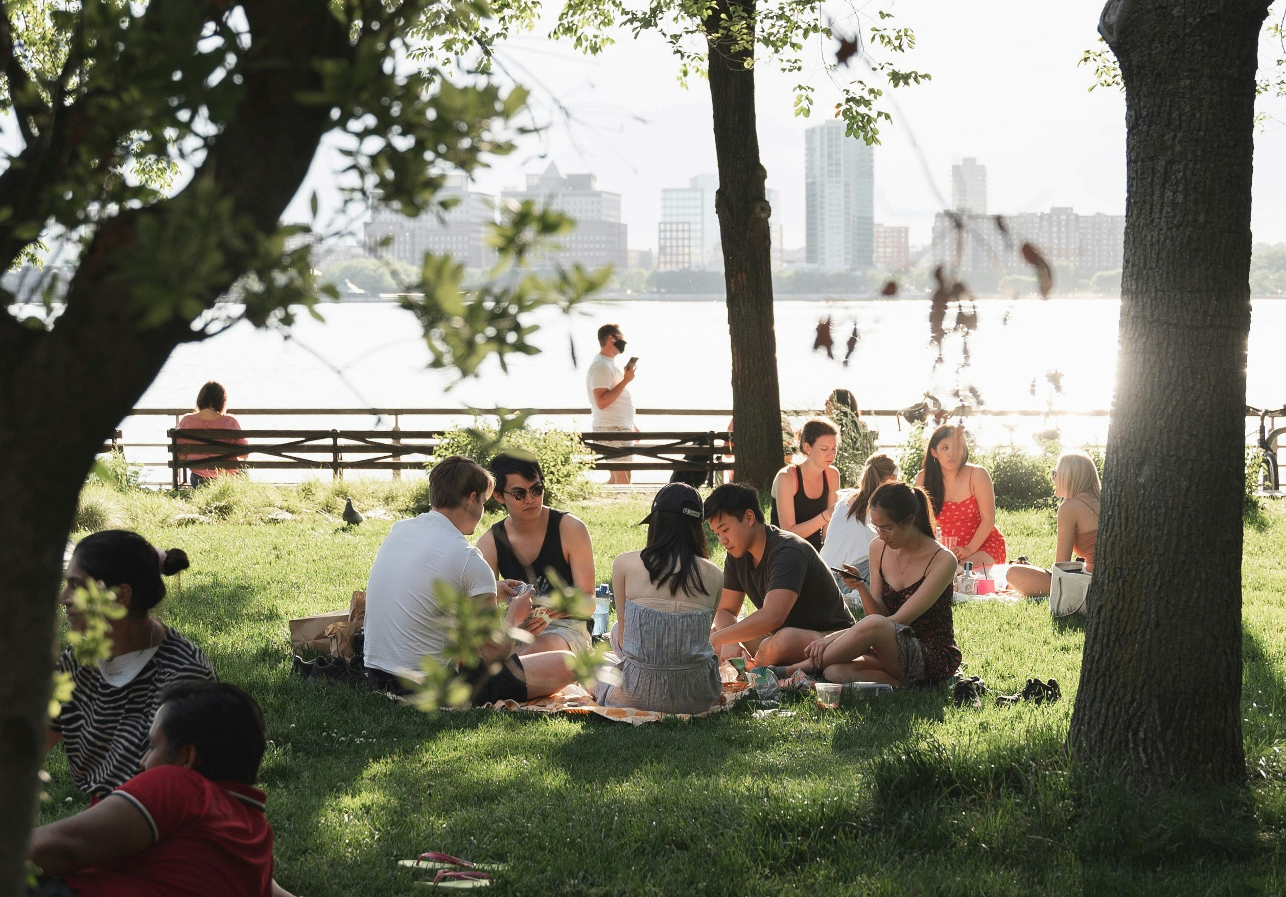 people having a picnic in a park with a city skyline in the far background