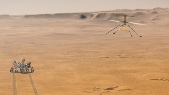 Artist's depiction of the helicopter Ingenuity flying over Mars, with the Perseverance Rover in the background