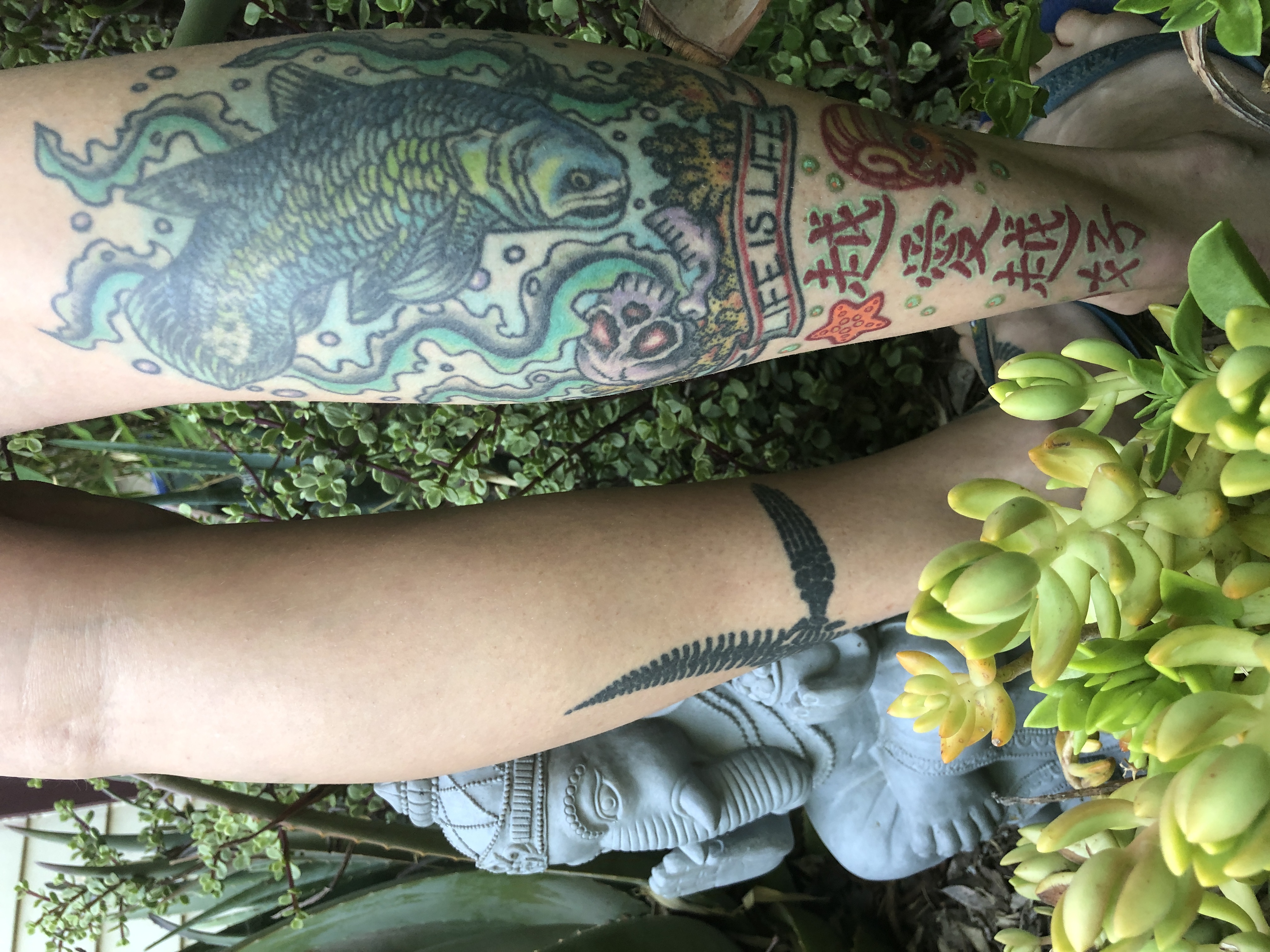 Some of Jingmai O'Connor's tattoos, including the phrase "life is life."