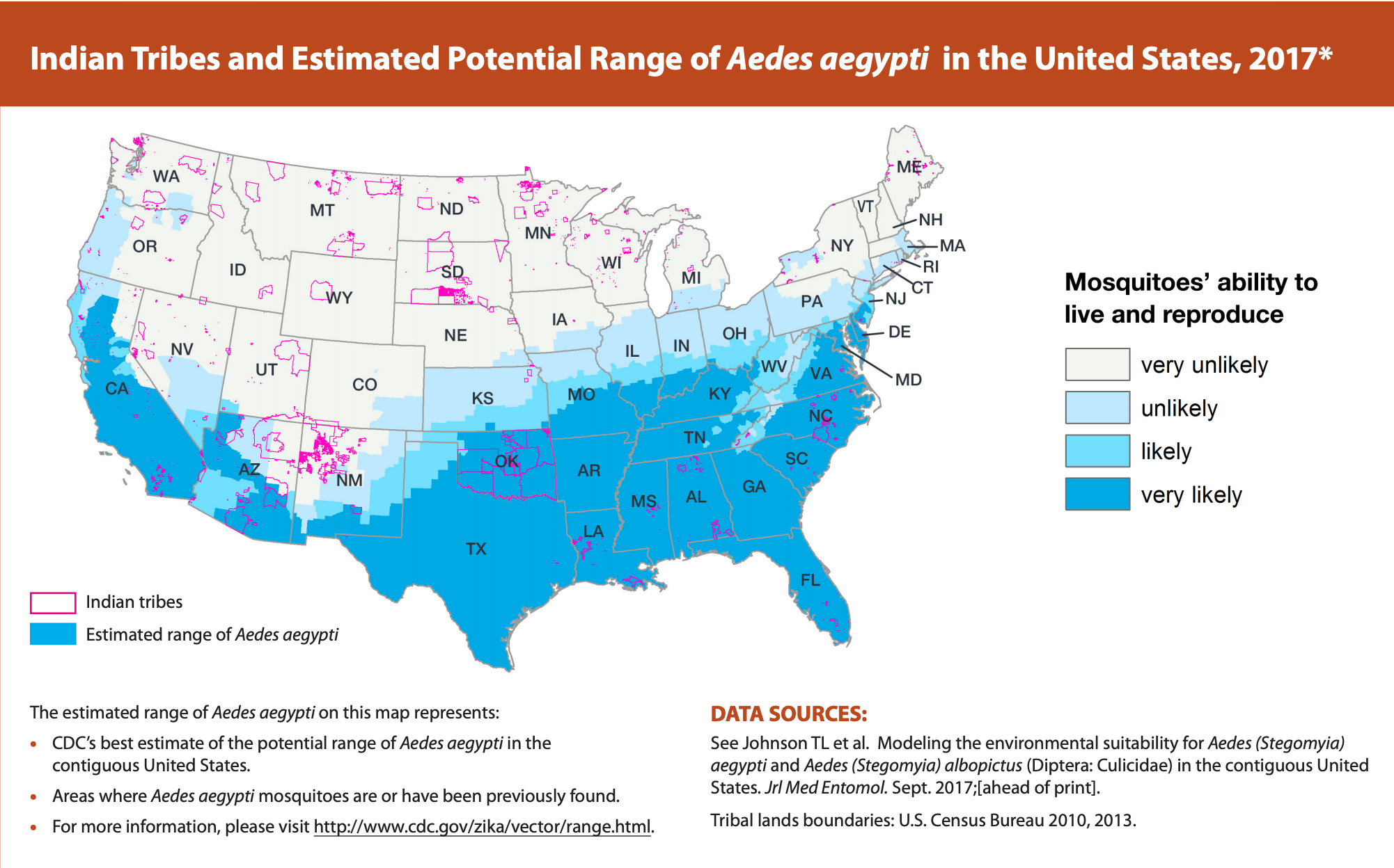 A map showing Aedes aegypti's range in the United States and Indigenous reservations, covering most of the US South and Southwest 