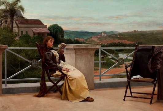 A painting of a woman sitting on a deck reading a book.