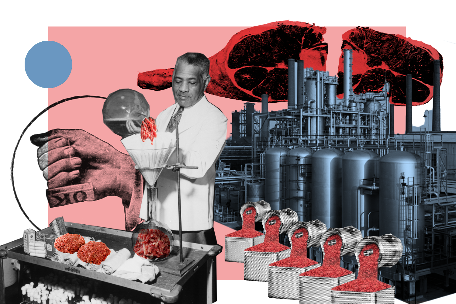 A collage using archival photographs depicts a scientist distilling meat in a lab while a futuristic bioreactor pumps out freshly grown meat
