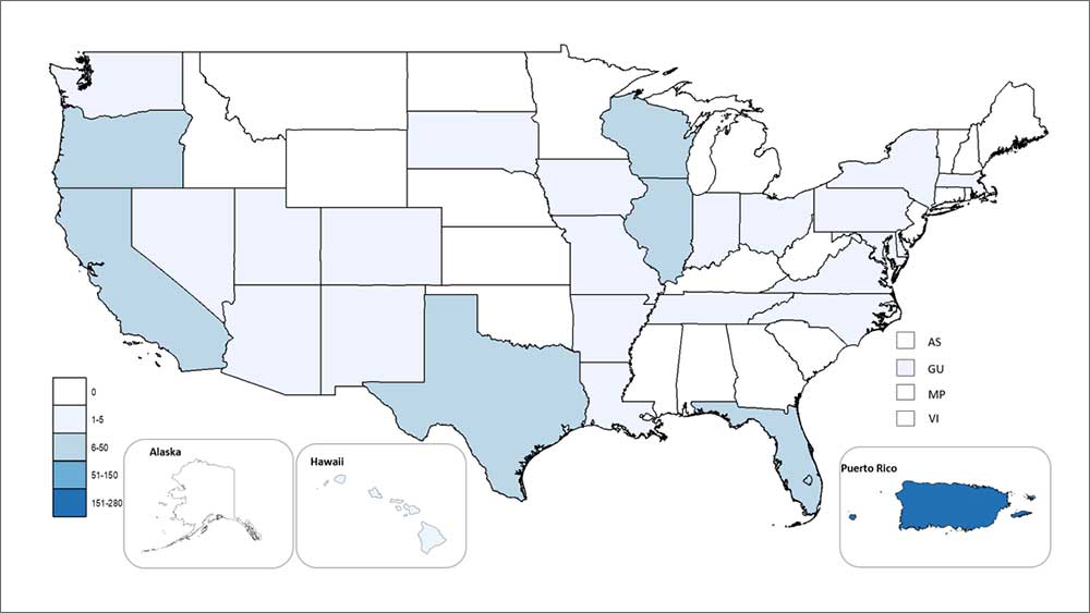 A map showing dengue spread in the US as of August 2020, with outbreaks in Puerto Rico, Texas, Florida, and Wisconsin, among others