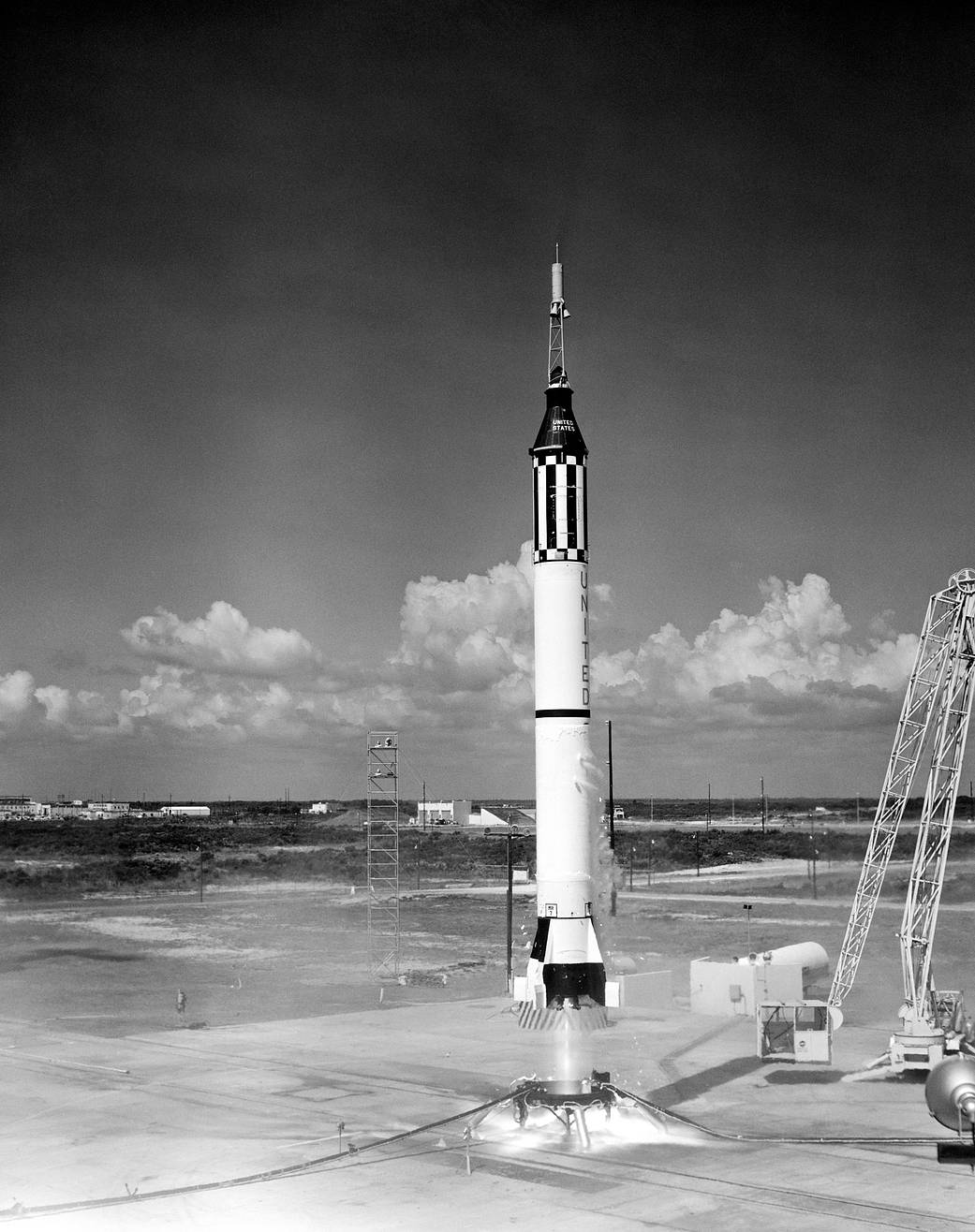 Launch of  the Mercury-Redstone 3 (MR-3) rocket for the Freedom 7 mission, the US's first crewed spaceflight, for which Katherine Johnson did the analysis.