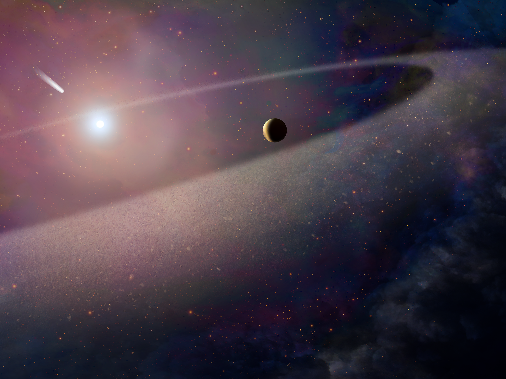 This artist's concept shows a massive, comet-like object falling toward a white dwarf.