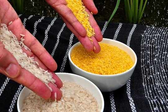 bowl of yellow colored rice grains next to a bowl of white grains