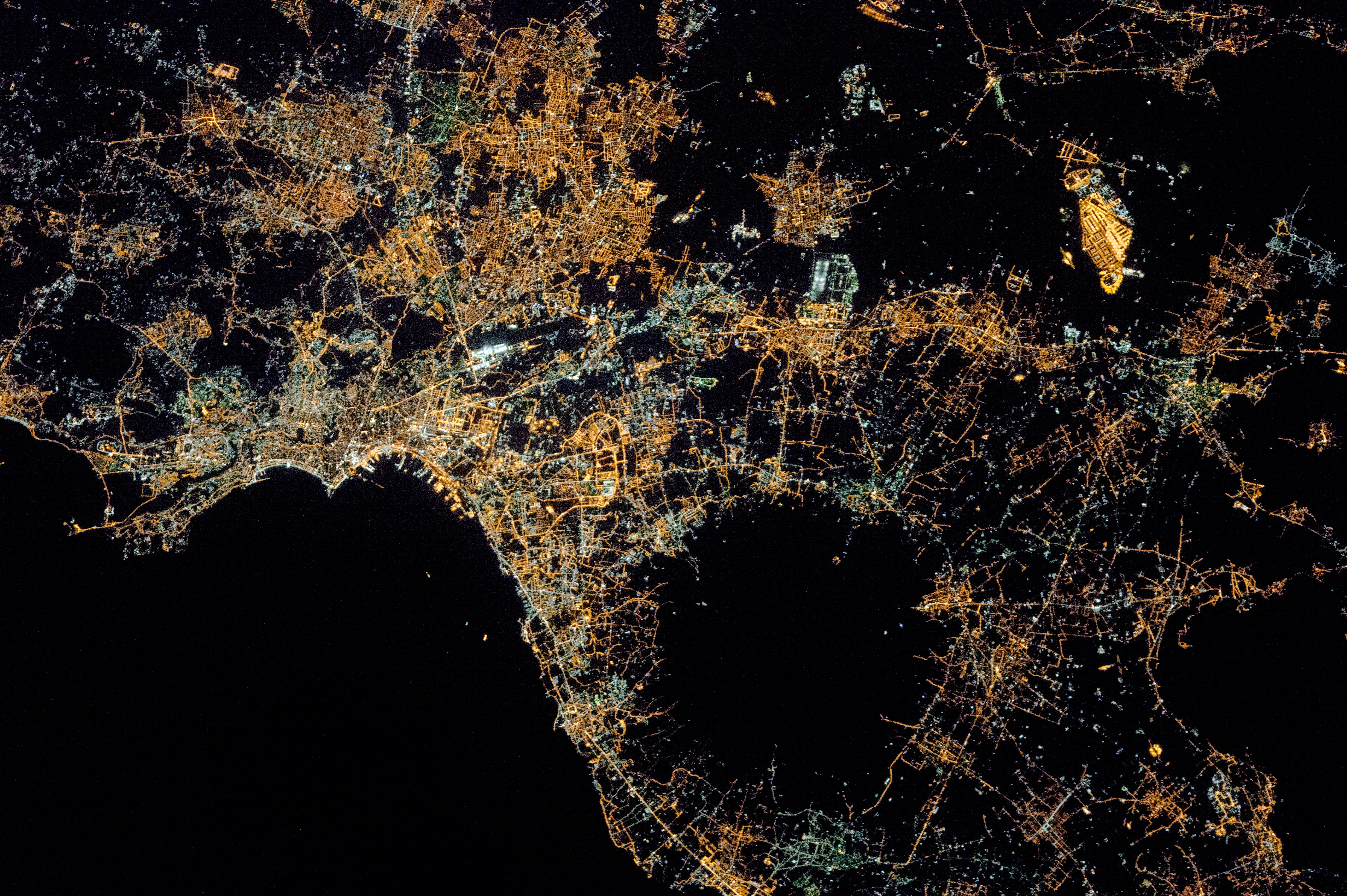 A view from space of the city of Naples sitting near Mount Vesuvius 