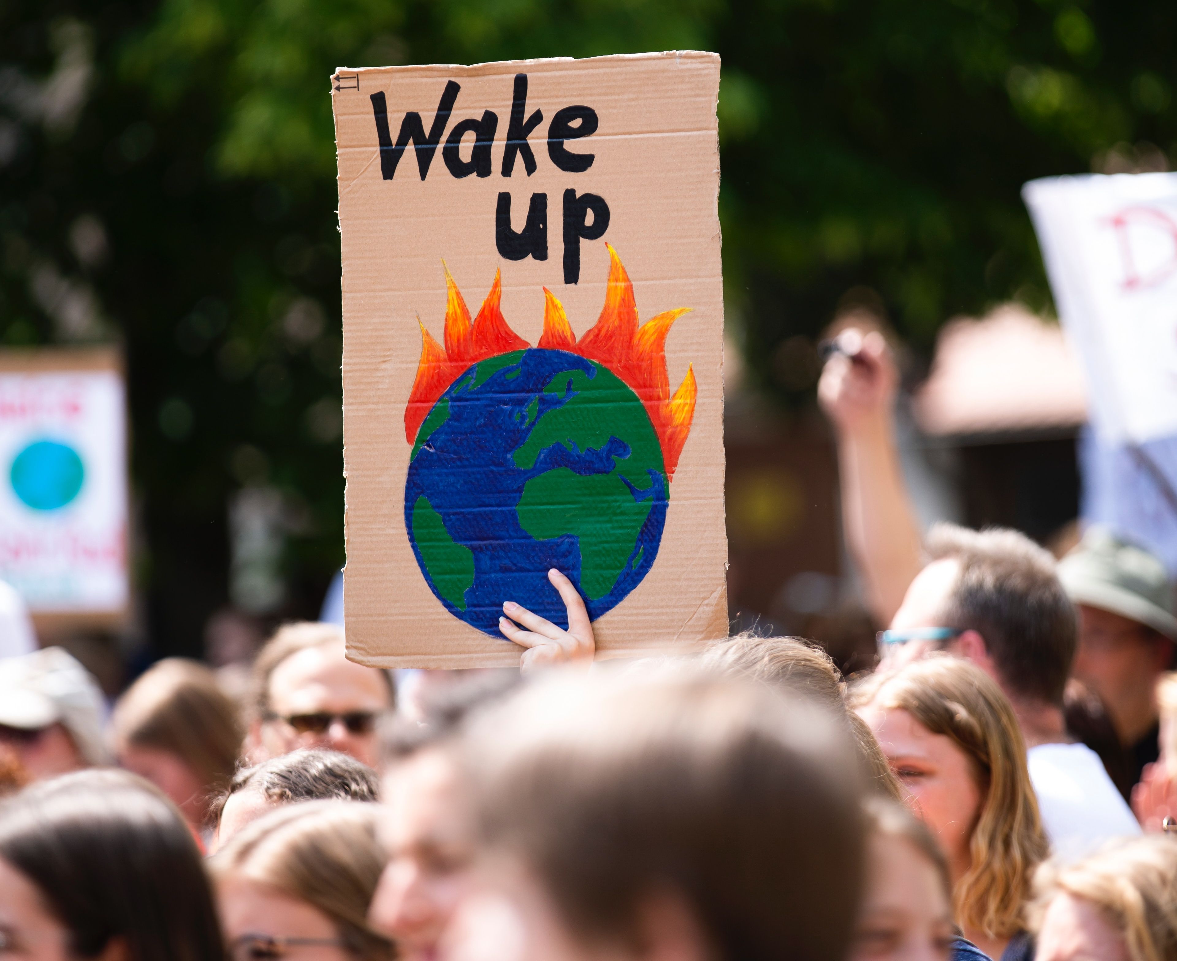 A sign that reads "Wake Up" above a picture of planet Earth on fire, being held up at a protest.