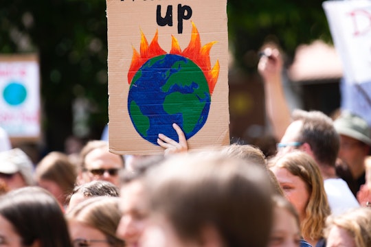 A sign that reads "Wake Up" above a picture of planet Earth on fire, being held up at a protest.