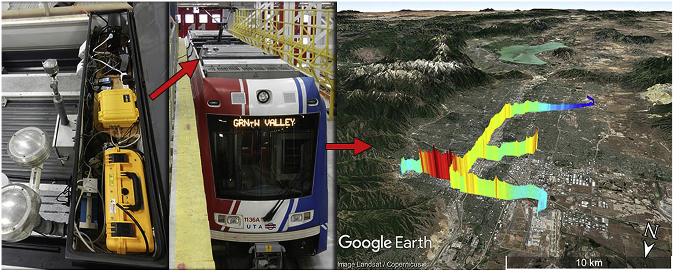 a diagram showing a train with a sensor on top on the left and a google map with air pollution metrics on it on the right