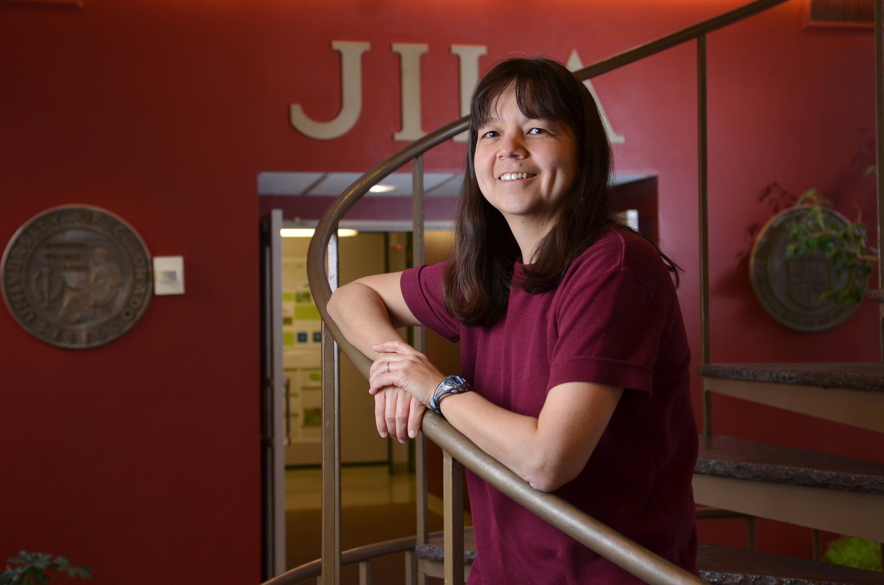 Deborah Jin in one of the lobbies of the JILA facility on the CU-Boulder campus