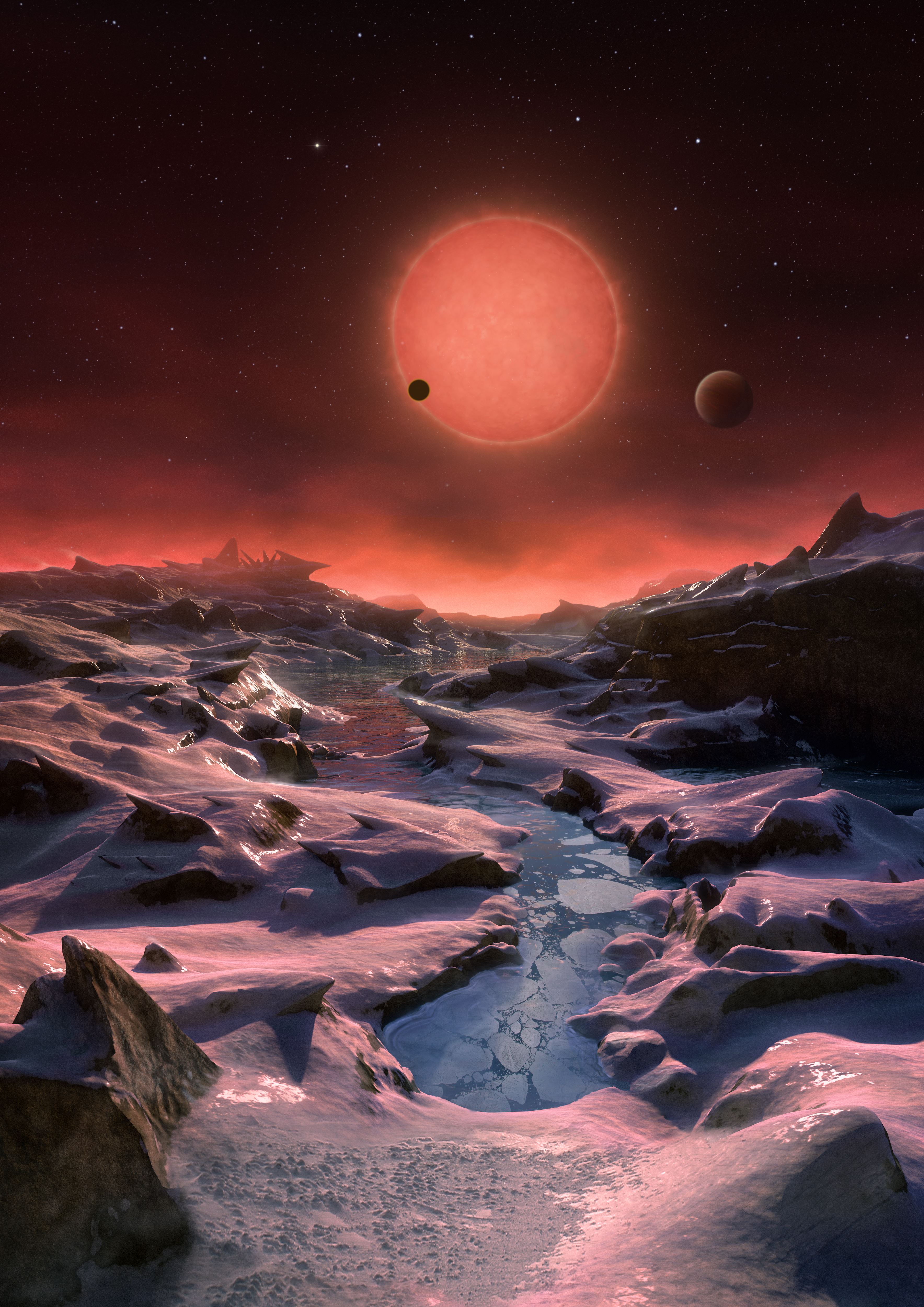 Artist's impression of another planet, covered in ice and rock with a large Sun and two moons