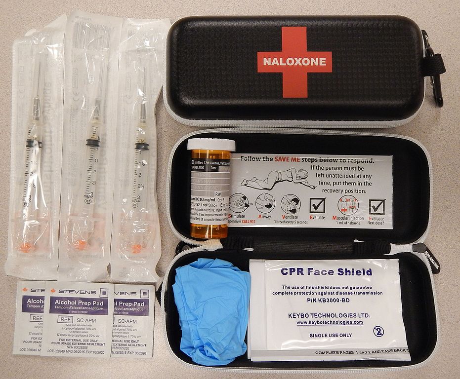 An emergency naloxone kit with syringes and instructions for use