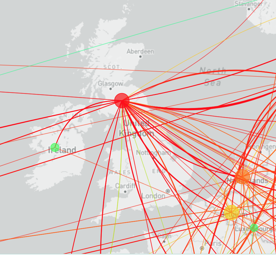 A map showing the dynamics of the Delta variant of COVID-19 arriving in the United Kingdom