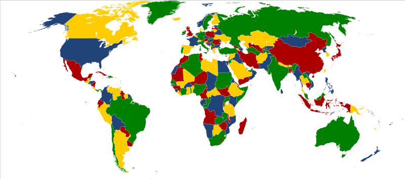 a world map with countries colored in just four colors: red, blue, yellow, green