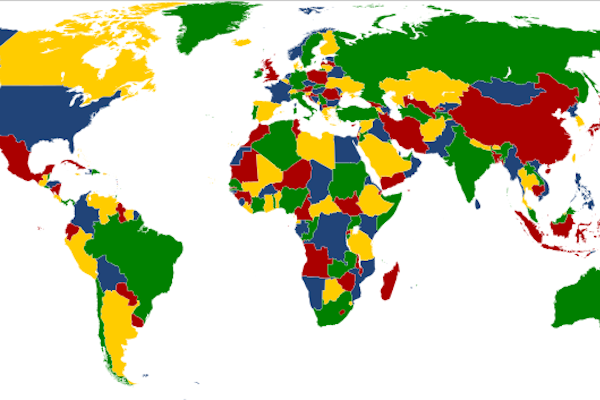 world map a world map with countries colored in just four colors: red, blue, yellow, green