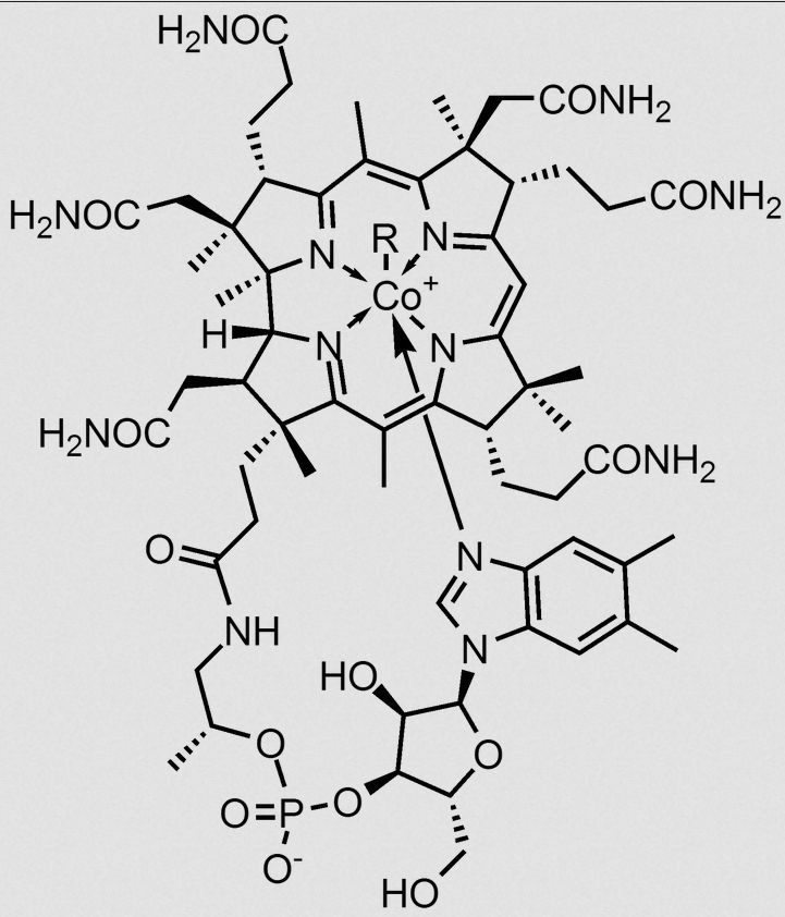 The chemical structure of vitamin B12, aka cobalamin.